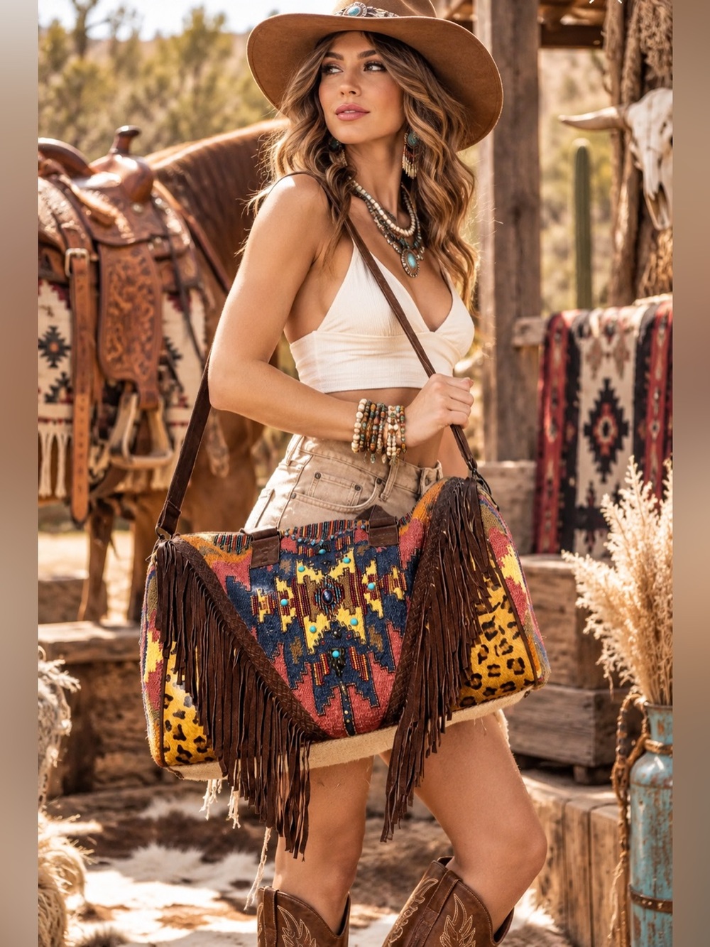 Western wool beaded horse fringe leather tassel embroidered boho duffle bag tote